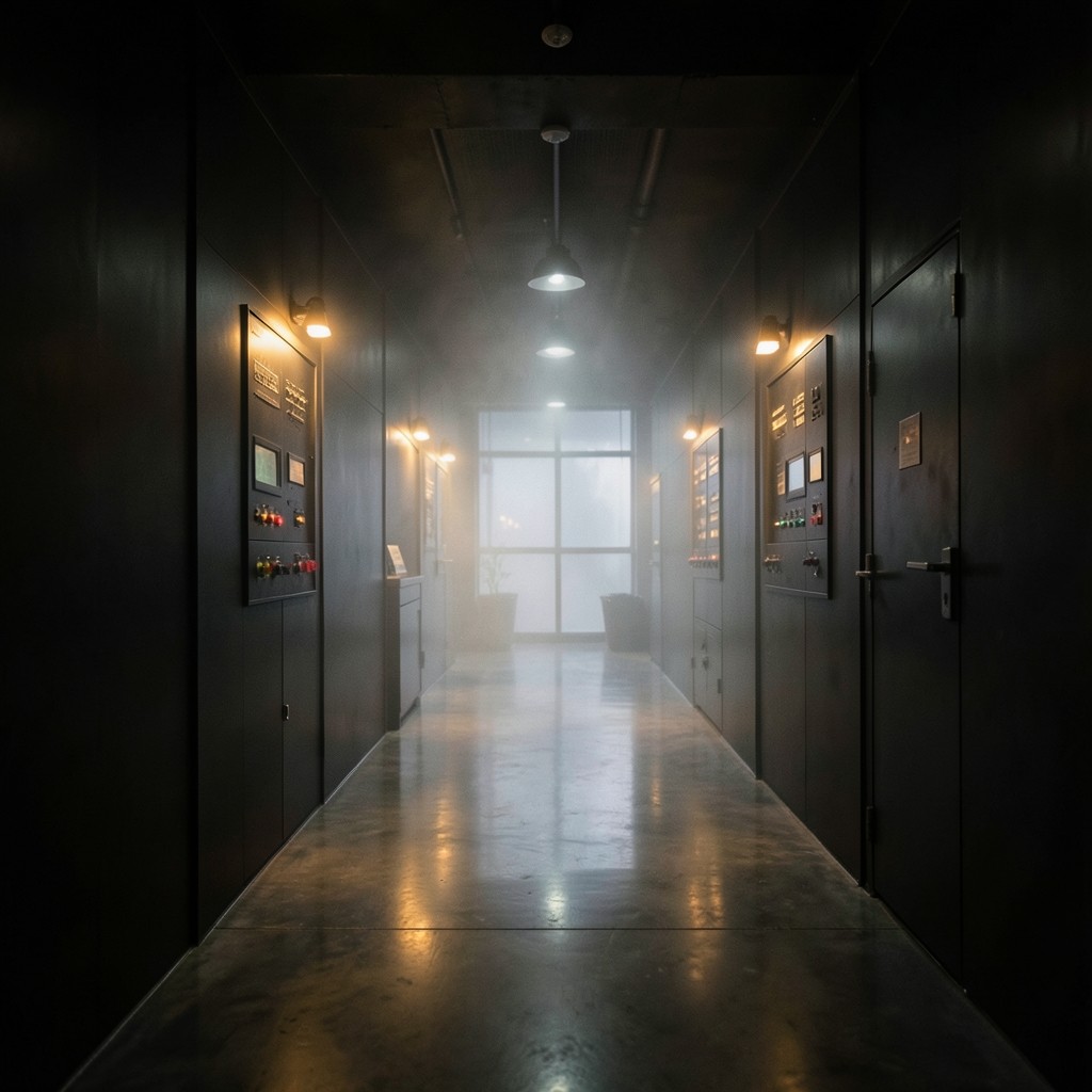 Dim plant room corridor with warm instrument lights and deep shadows