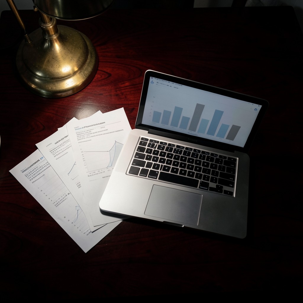 Printed energy report pages beside a laptop showing soft chart shapes