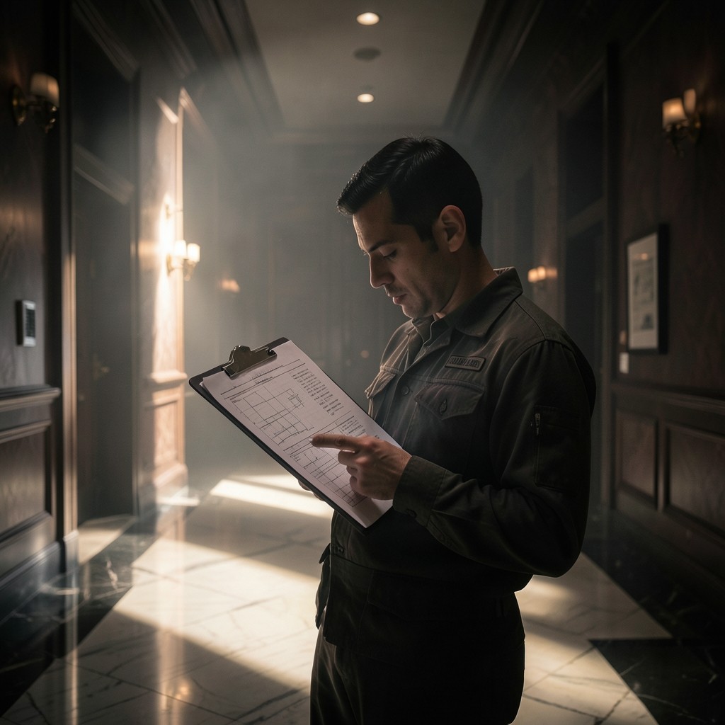 Facility engineer reviewing printed load charts in a dim corridor